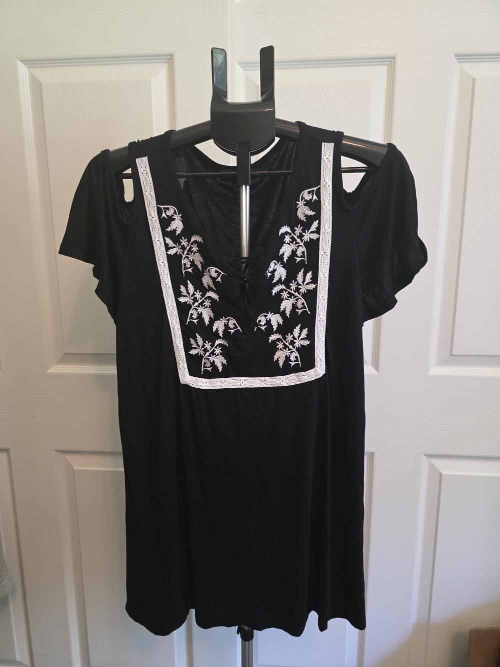 Lane Bryant Black Tunic with White Embroidered Bib Detail